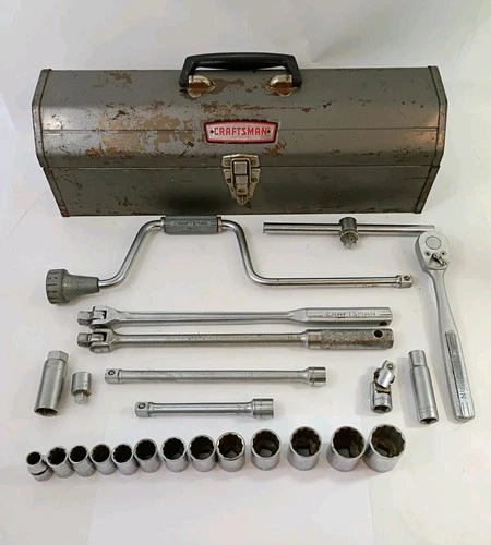 Vintage 12PT Sears Craftsman USA =V= -V- Series 1/2” Drive Socket Set W Toolbox