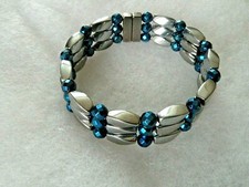 100 Magnetic Silver n Blue Hematite Bracelet Anklet 3 Row Stunning Therapy