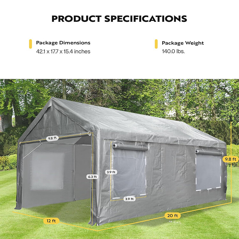 Cochera Coche Toldo Garaje Refugio Cobertizo Tienda 12x20FT Puertas con Cremallera y Paredes Laterales