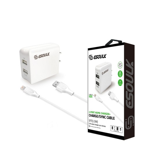 12W 2.4A Dual USB Travel Wall charger With 5FT Charging Cable for 8 PIN In White