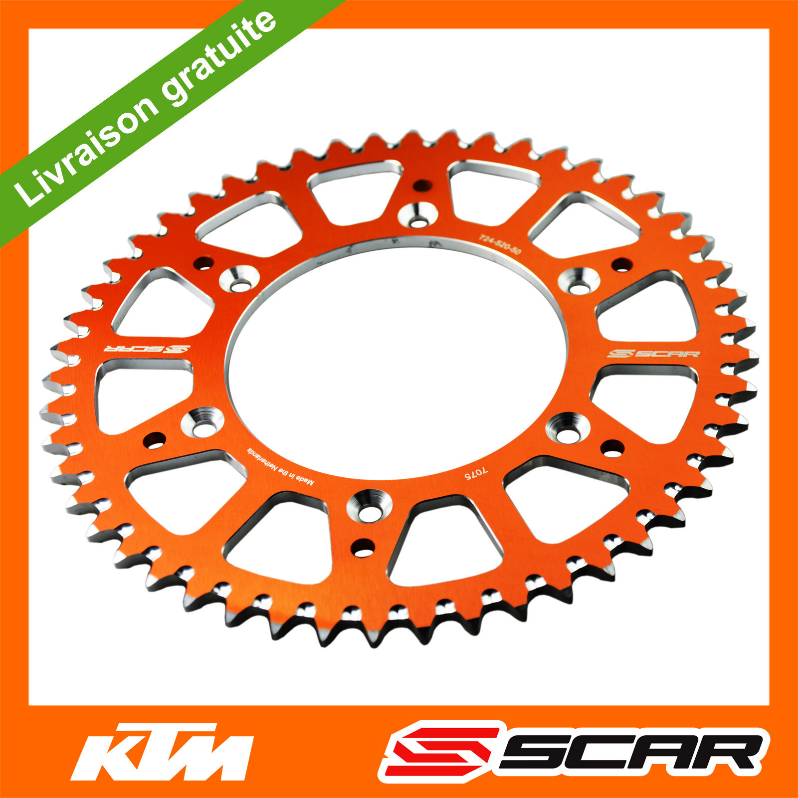 Couronne alu orange SCAR usinée CNC pour transmission KTM SXF et EXCF