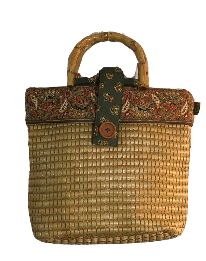 Maggi B Woven Straw Handbag Green Paisley Print Fabric Bamboo