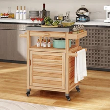 Movable Solid Wood Grill Cart Outdoor Storage Patio Table W/ Stainless Steel Top