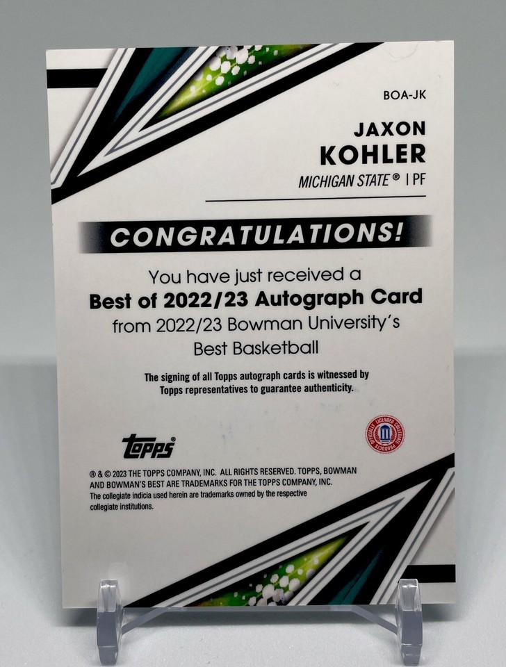 Jaxon Kohler 202223 Bowman U Best Auto BOAJK Michigan State Spartans
