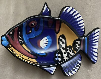 Ben Diller Picasso Trigger Fish Dish Maui Signed Hand Painter 6 1/4''