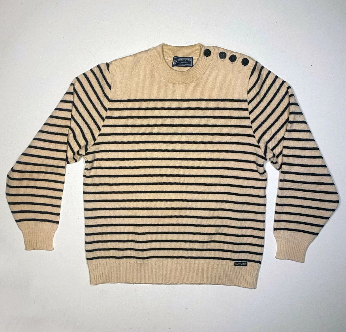 VINTAGE Saint James Breton Striped Sweater Jumper 100 Wool Cream