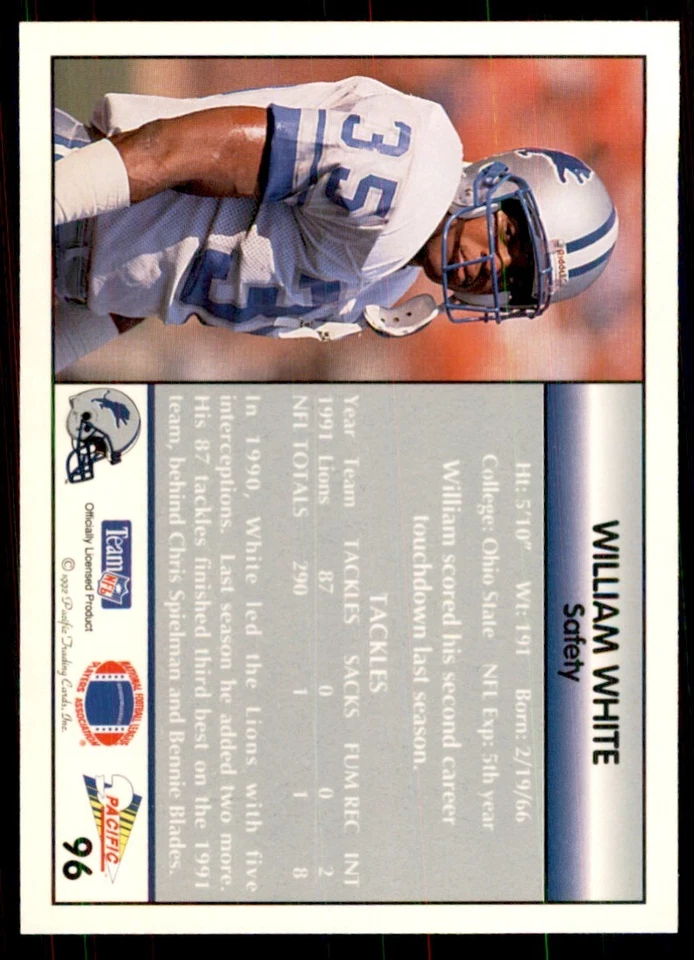 1992 Pacific William White Football Cards #96 - Image 2 of 2