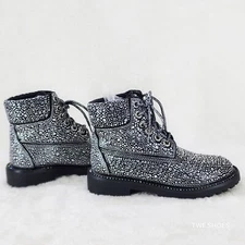 Wonder Sparkling Rhinestone Combat Ankle Boots Metallic Black White Stones