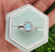 Aqua Blue Pear Cut Chalcedony with CZ Stones Sterling Silver Ring, Wedding Ring