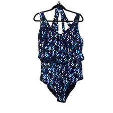 Swimsuits For All Womens Plus Size Faux-Wrap One Piece Swimsuit Sz 24 Blue Print