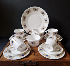 Vintage Crown Royal Blue Diamonds Tea Cups x 4 Trios Tea Set Milk Jug Sugar Bowl