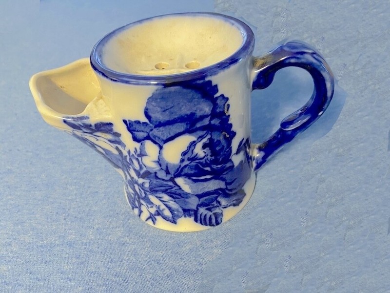 OOAK Antique 19C ERROR Ironstone STAFFORDSHIRE SHAVING MUG flow blu READ HISTORY