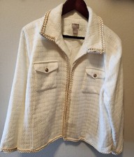 Chico's White Gold Braid Trimmed Tweed Jacket Womens Size 4 Classic Fit EUC