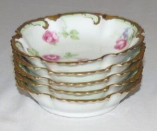 Coronet Limoges France FIVE 5.1/2 inch Bowls - Pink Roses, Gold Trim, Scalloped