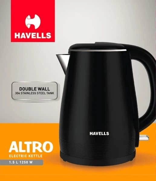 Havells Altro 1.5 Litre, 1250-Watt Double Wall Kettle (Black)- Free  Shipping | eBay