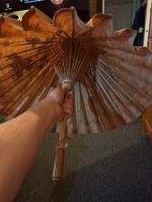 Antique Japanese Wagasa Parasol Hand Painted Floral Landscape Mingei Umbrella