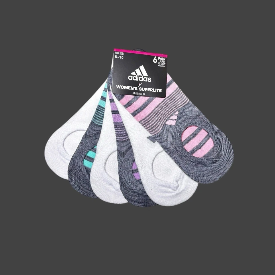 Adidas Women’s Superlite No-Show Socks Grey Pink White Green 6 pack Sz 5-10 - Image 3 of 4