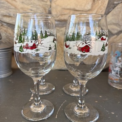LIBBEY WINTER VILLAGE WATER GOBLETS LOT OF 4