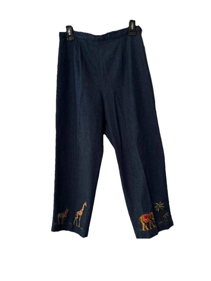 Anne Carson Vtg Elephant Zebra Giraffe Blue Denim Cropped Pants Sz 6 Side Zip - Image 4 of 4