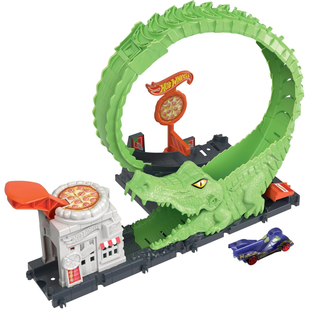 Hot Wheels Track Set with 1 Hot Wheels Car, Adjustable Track that Connects to Other Sets, Gator Loop Pizza Place Playset​, HKX39 - Image 4
