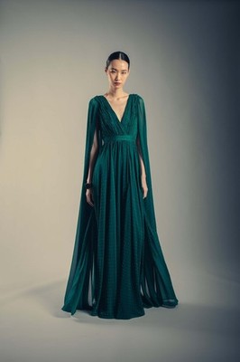 Badgley Mischka Draped V-Neck Gown with Cape Sleeves $1,320 Modest sz 4 Caftan