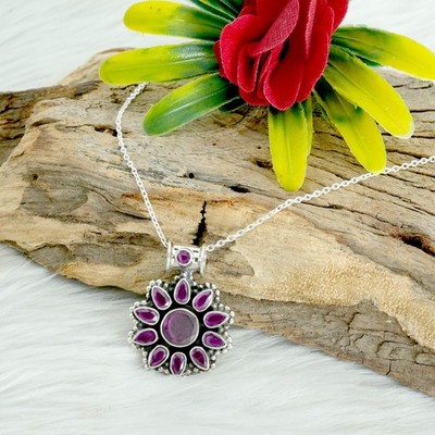 Ruby Necklace 925 Sterling Silver Necklace Natural Pink Ruby Pendant Necklace