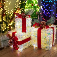 Set of 3 Christmas Lighted Gift Boxes, Pre-Lit 48 LED Light up Present Boxes..