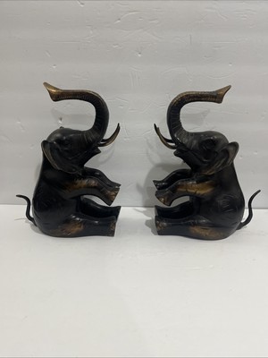 VINTAGE Set Of 2 LARGE HEAVY BRASS SEATED TRUNK UP ELEPHANTS DARK BRONZE PATINA