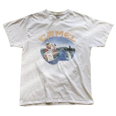 Camel Smoking Joe Fly Fishing White Tee, Vintage Promo Tee From The 90s Y2k