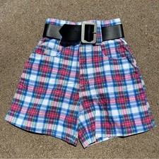 Vintage 80s Steel High Waist Red White Blue Mom Jean Shorts with Belt 26" WAIST