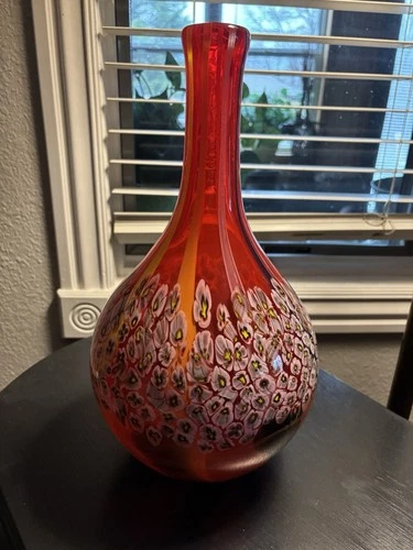 Large vintage murano millefiori blown glass Red vase