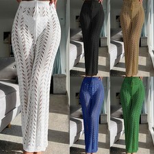 Womens Crochet Beach Pants High Waisted Wide Leg Knit Trousers Summer Swim Cove