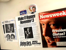 1992 OCTOBER 26 NEWSWEEK MAGAZINE - BILL CLINTON  2 Campaign Buttons,  Brochures