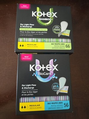 2 Pks. Kotex Bamboo/Biocare Panty Liners Light Absorbency 66 & 56 Ct (S6)