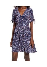 Madewell Tie Sleeve Button Front navy Daisy floral mini dress Size 12 peasant