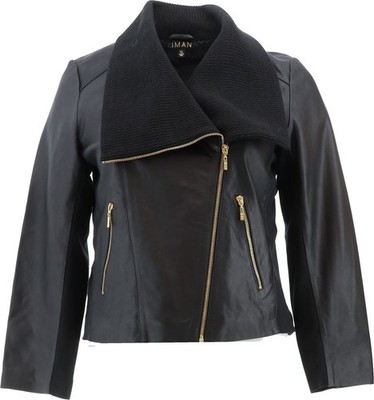 IMAN Global Chic Genuine Lamb Leather Moto Jacket BLACK S NEW (1005)