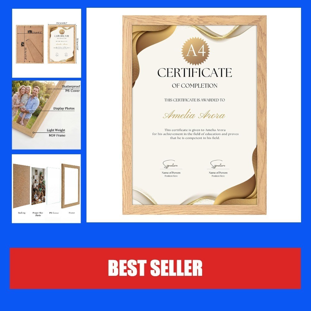Cadre photo A4 rustique en bois naturel MDF pour affichage mural et de bureau