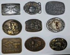 LOT OF 9 VINTAGE BELT BUCKLES Brass  Pewter BASS SOCIETY - COAL MINERS - ELVIS
