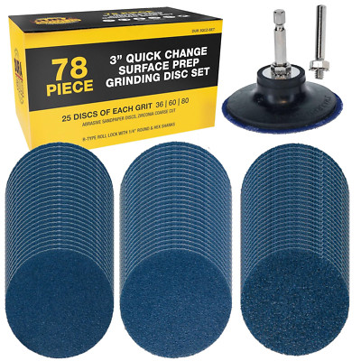 3'' 78 Piece Quick Change Grinding Disc Set, 25 Discs Each 36, 60 and 80 Grit, pl