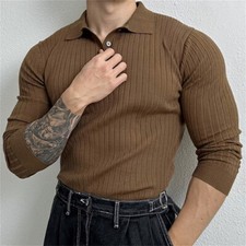 Men's Long Sleeve Slim Fit Polo Shirts Knitted Shirts Casual Golf Shirt