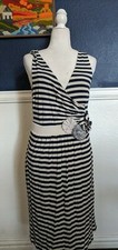 Little Yellow Button Anthropologie V Neck Dress White Black Stripes Sz Medium M
