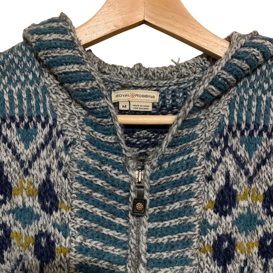 Suéter con Capucha Royal Robbins Para Mujer Cremallera Lana Fair Isle Azul Gris Talla L Boho Foto 2 de 4