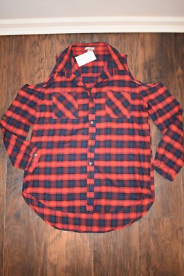 NWT- Emory Park Women Red/Blue Plaid, Long Sleeve, Cut Out Shoulders, Shirt L