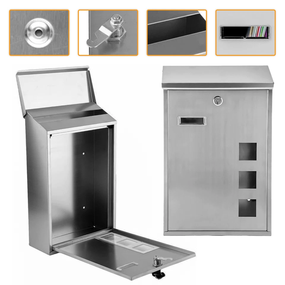 Wall Mounted S/S Steel Lockable Mail Letter Post Box Newspaper Holder - Image 2 of 4