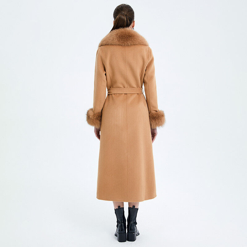 Women Long Wool Coat Detachable Real Fur Collar Cuffs Belt Women Long Wool Coat Detachable Real Fur Collar Cuffs Belt