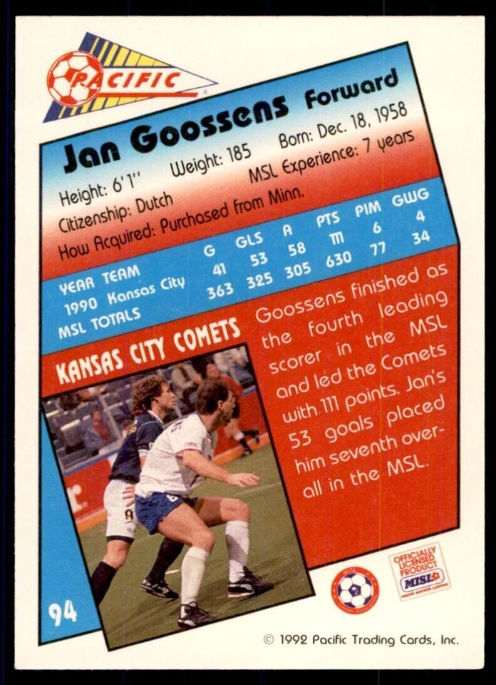 1992 Pacific MSL Jan Goossens a Kansas City Comets #94 - Image 2 of 2