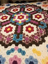 Vintage Handmade Grandmothers Flower Garden Poly Tied Quilt 70x84 Patchwork