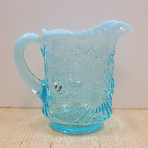 Vintage Opalescent Blue Glass Creamer Pitcher Wreathed Cherry LG Wright - Picture 3 of 9