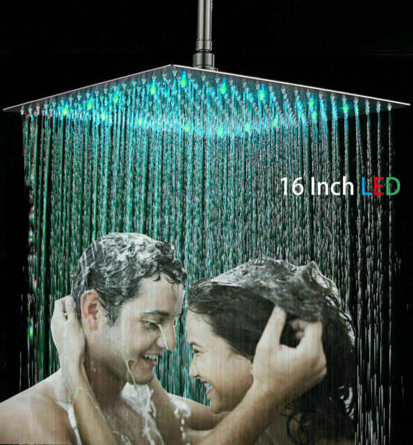 LED Brushed Nickel Shower Head Ceiling Shower Spray 16-inch Ultrathin Rain Heads