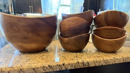 CRATE & BARREL ACACIA WOOD 9 pc Salad Bowl Set 1 Large 6 Small w/serving pieces